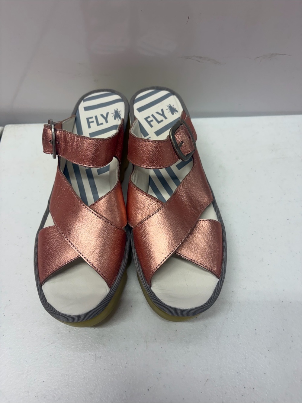 Fly London Women’s Rose Gold Cross-Strap Buckle Sandals